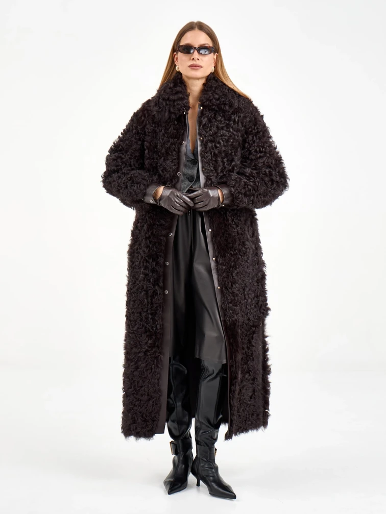 Длинная женская дубленка из тиградо 2082, коричневая, размер 44, артикул 65020-2