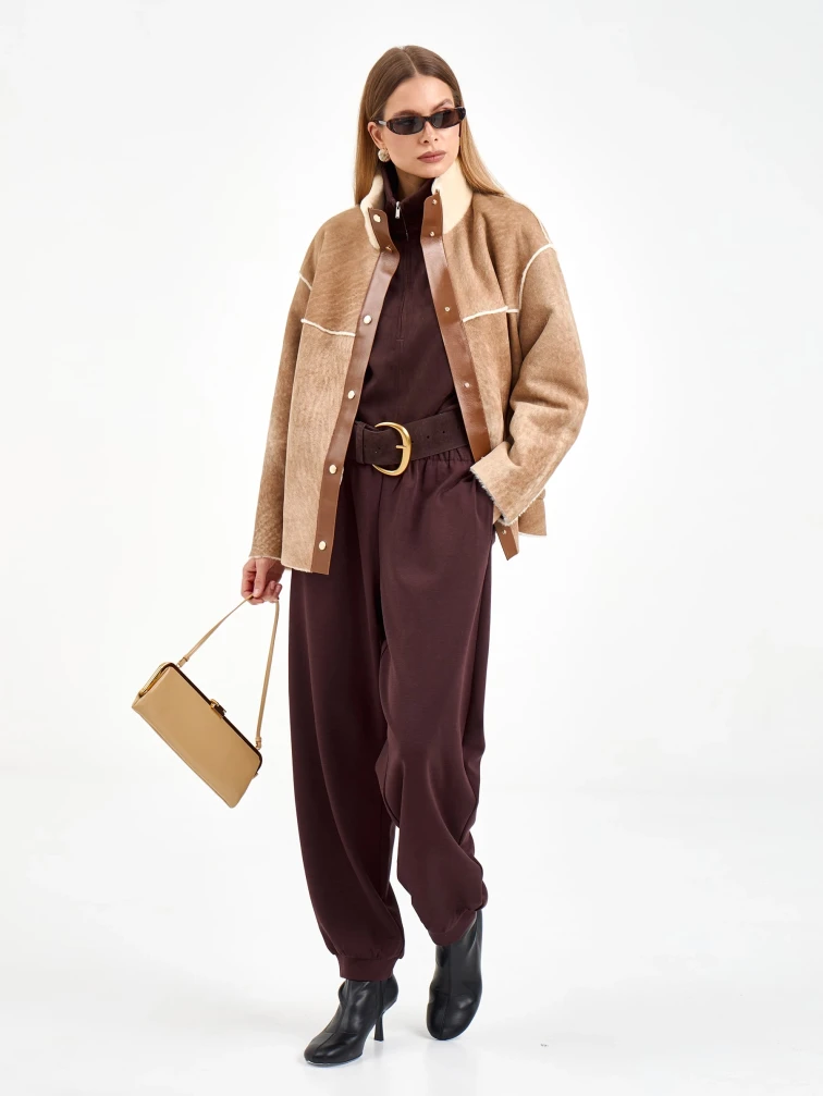 Короткая женская дубленка 2074, бежевая, размер 44, артикул 65250-1