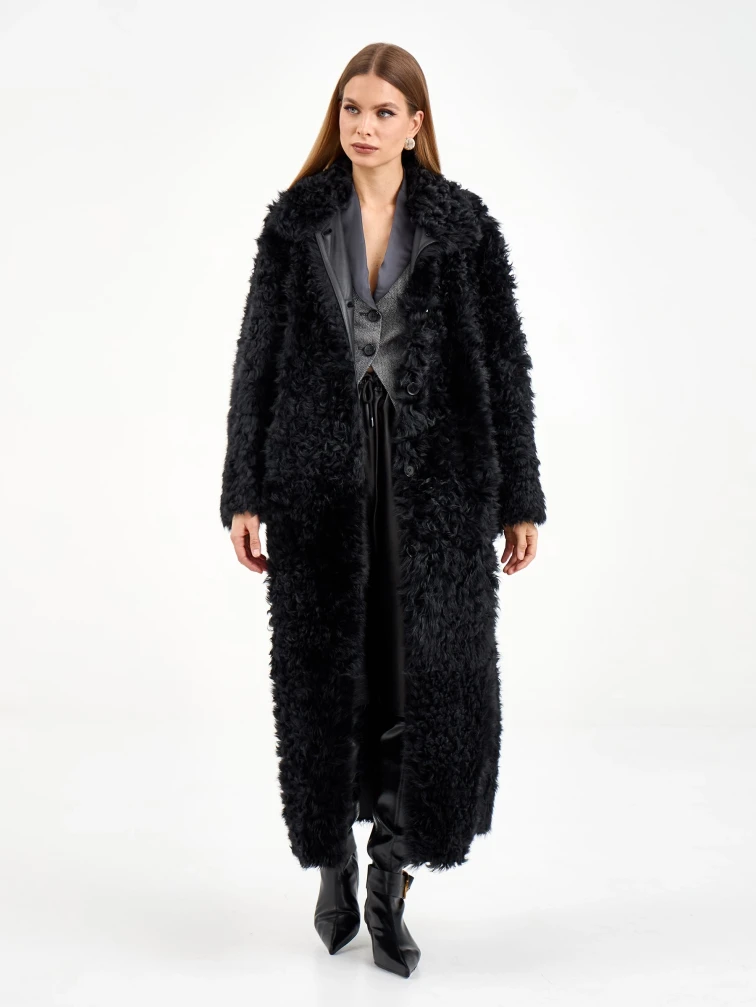 Длинная женская дубленка из тиградо 2080, черная, размер 48, артикул 65030-2