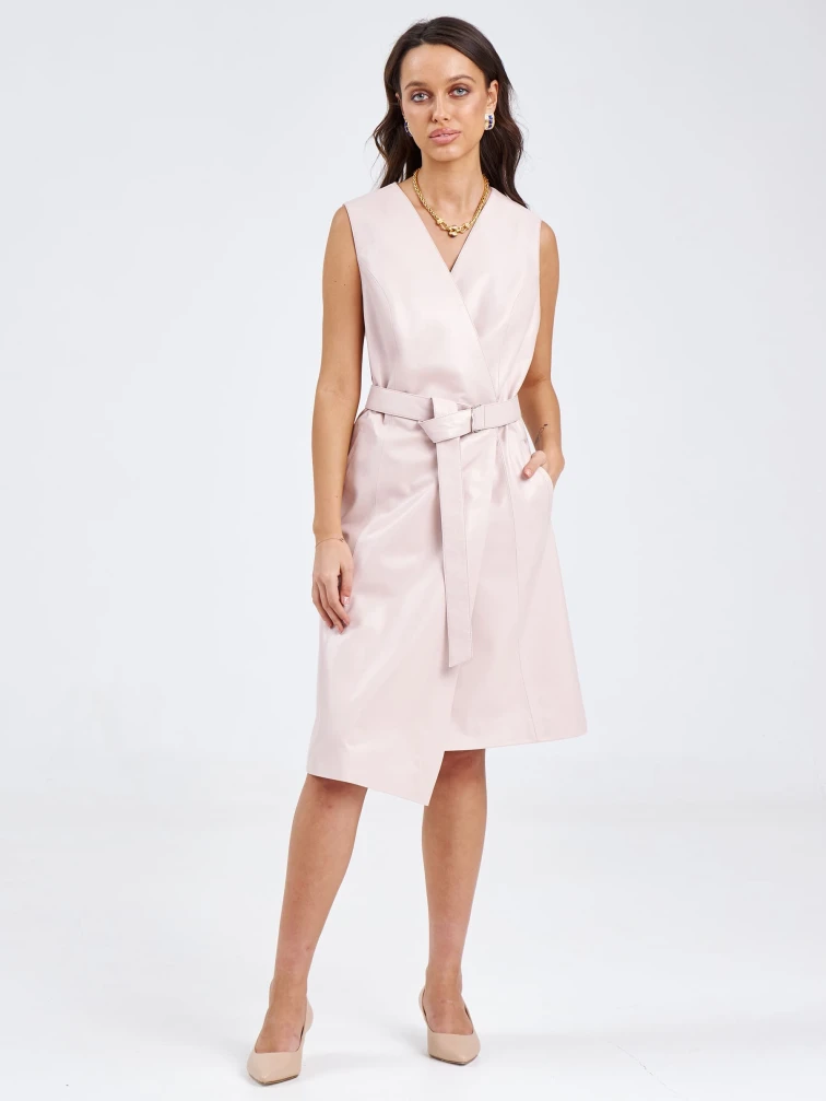 Кожаный женский сарафан из натуральной кожи 02, пудровый, размер 46, артикул 85190-4