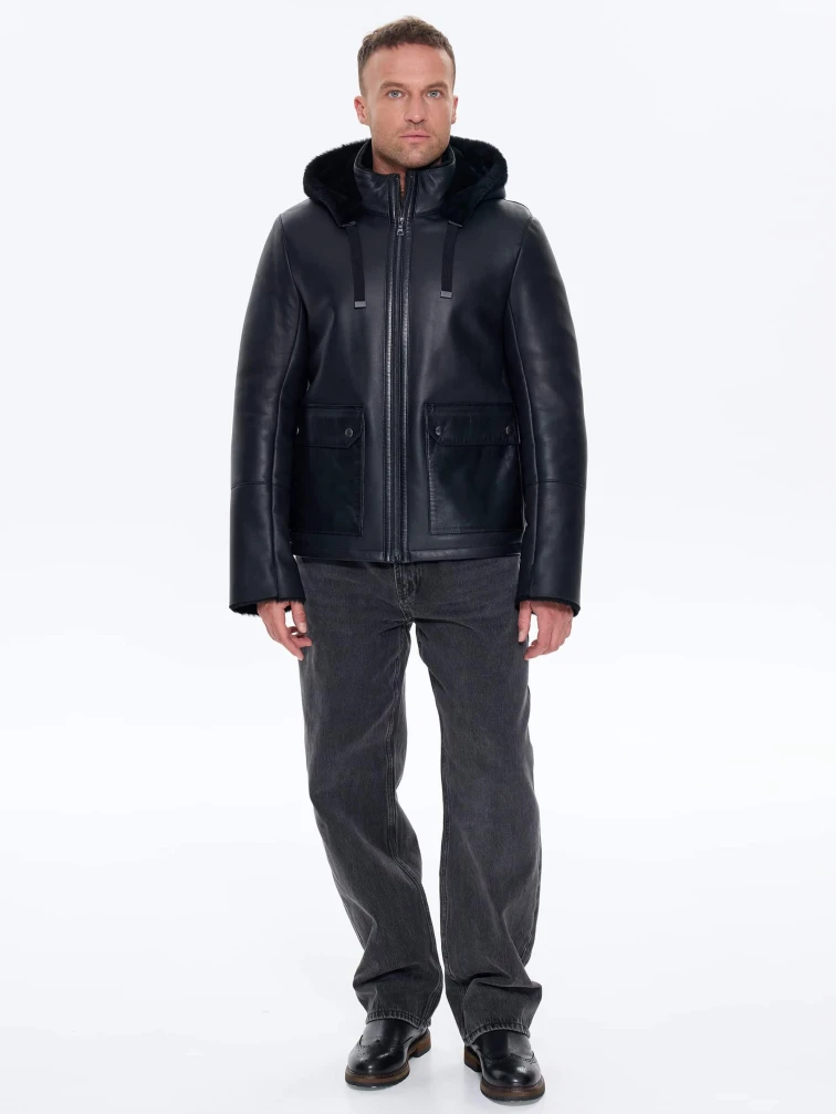 Короткая мужская дубленка с капюшоном премиум класса 441, черная, размер 50, артикул 41230-1