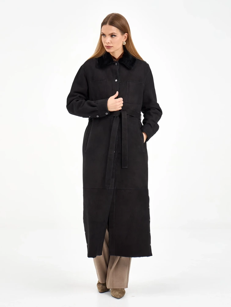 Длинная замшевая женская дубленка 2086, черная, размер 44, артикул 64980-4