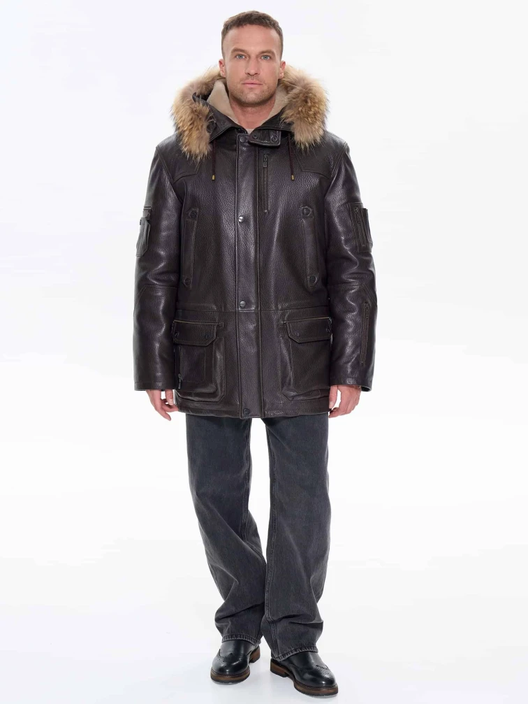 Утепленная мужская кожаная куртка аляска с мехом енота Алекс, коричневая, размер 52, артикул 40300-1
