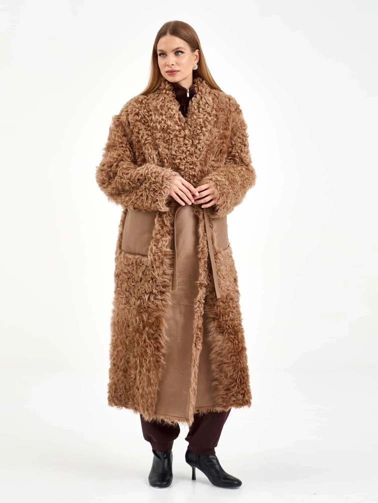 Длинная дубленка из натуральной овчины тиградо для женщин премиум класса 2020, светло-коричневая, размер 42, артикул 62470-7