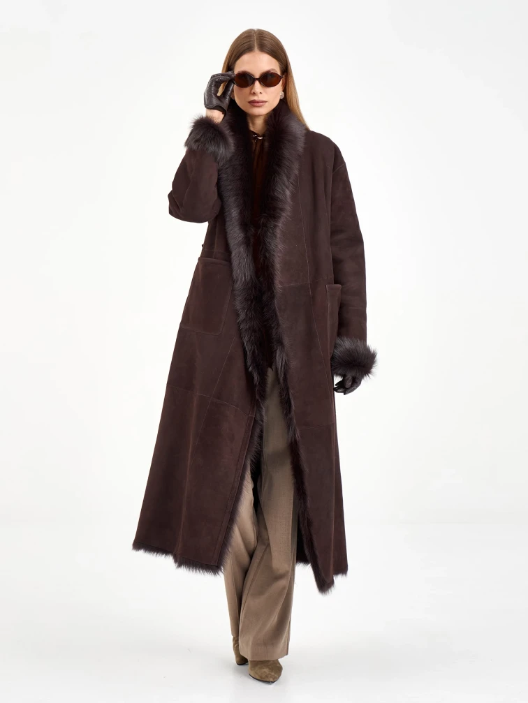Коричневая женская дубленка из тосканы 2020, коричневая, размер 42, артикул 65090-1