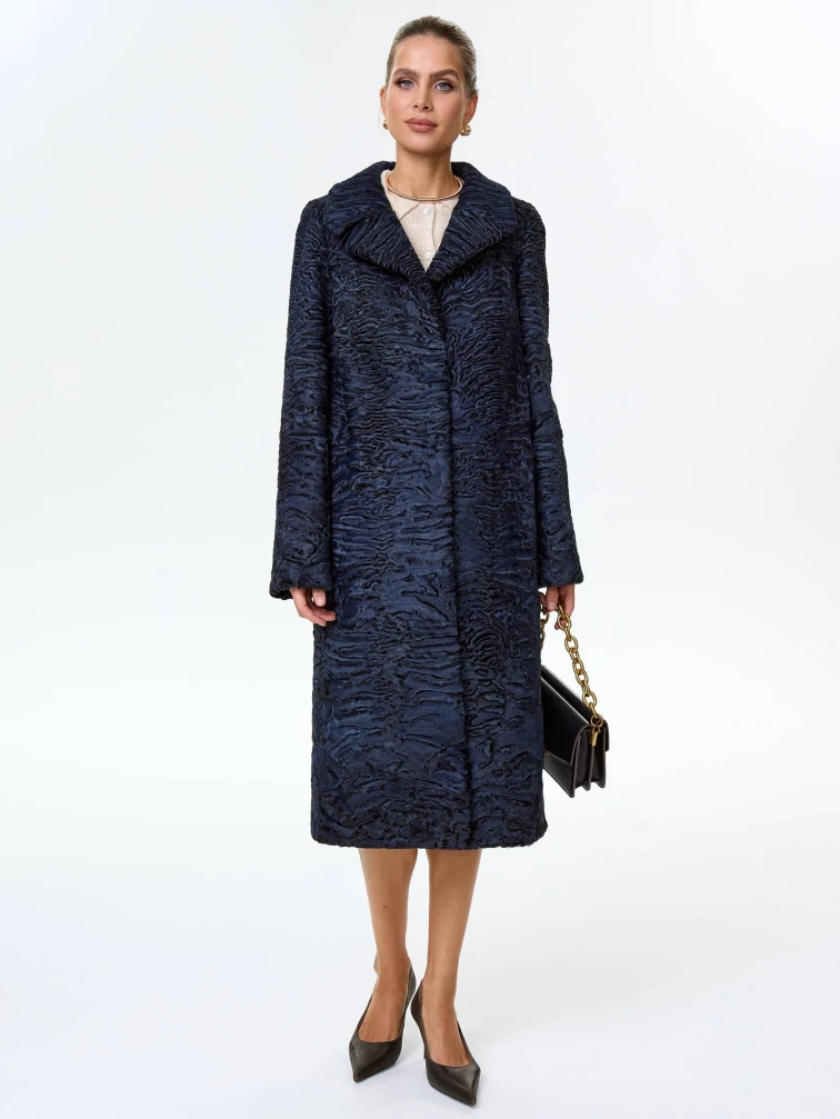 Длинная женская шуба из меха каракульчи премиум класса Лола(ав), синяя, размер 48, артикул 34010-1