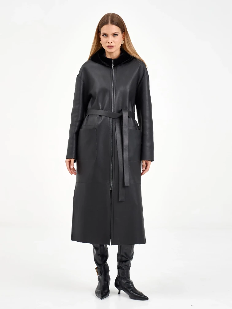 Длинная женская дубленка с капюшоном 2071, черная, размер 50, артикул 65060-4