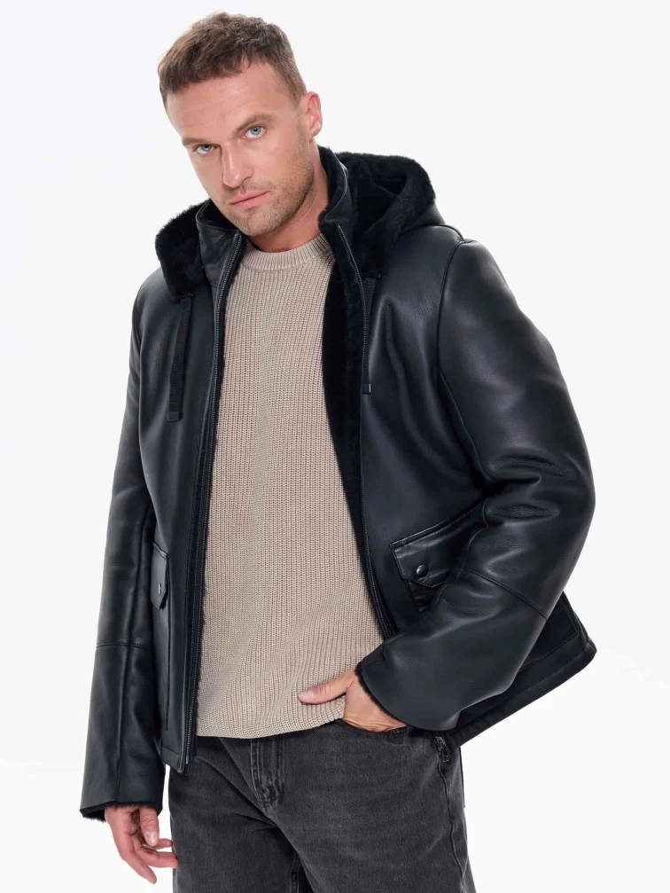 Короткая мужская дубленка с капюшоном премиум класса 441, черная, размер 50, артикул 41230-3