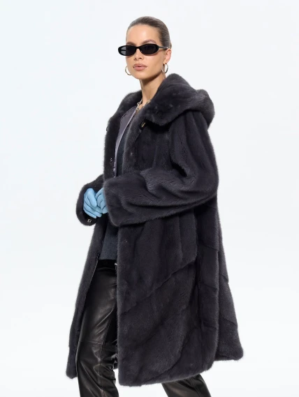 Женская норковая шуба с капюшоном М-101-9- 708, графитовая, размер 52, артикул 65370-1