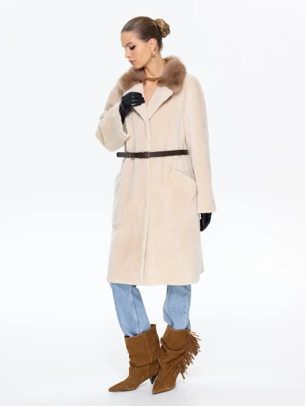 Женская дубленка свободного кроя с куницей 2070, бежевая, размер 48, артикул 65220-4