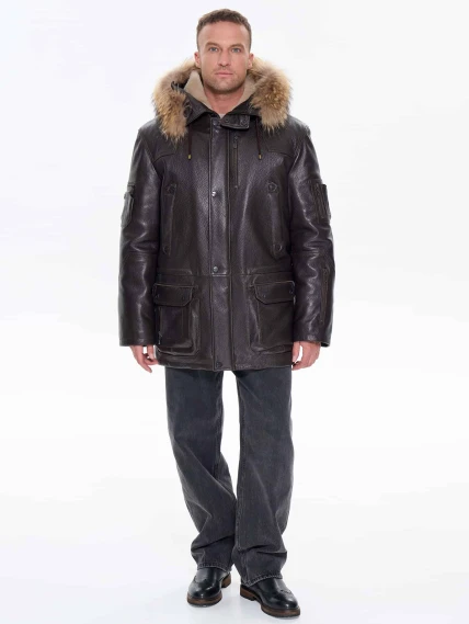 Утепленная мужская кожаная куртка аляска с мехом енота Алекс, коричневая, размер 52, артикул 40300-1
