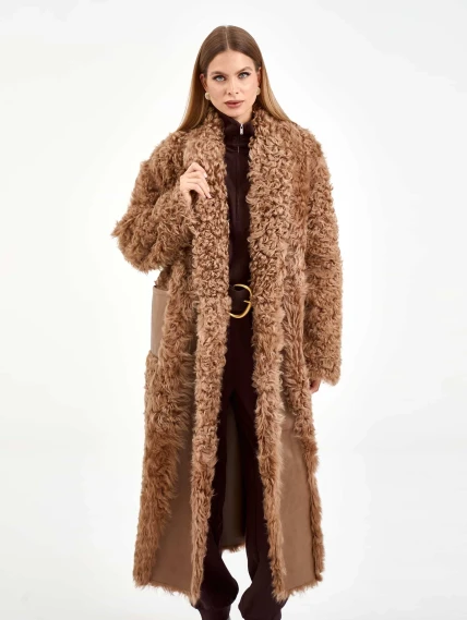 Длинная дубленка из натуральной овчины тиградо для женщин премиум класса 2020, светло-коричневая, размер 42, артикул 62470-6