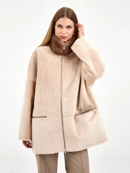 Белая дубленка из астрагана с норкой 59мех, размер 48, артикул 65130-0