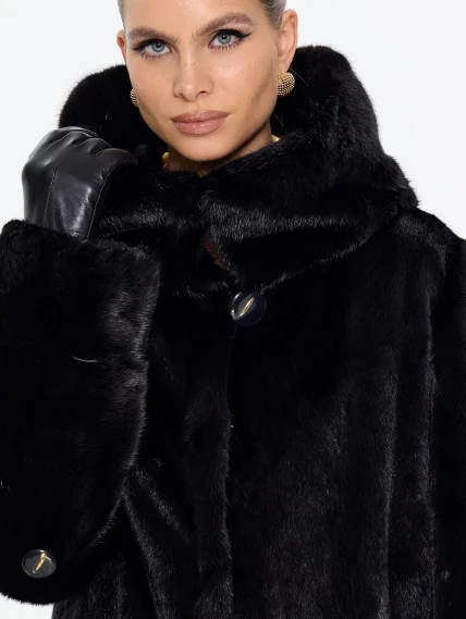Длинная норковая женская шуба с капюшоном М-102- 664, черная, размер 56, артикул 65360-7