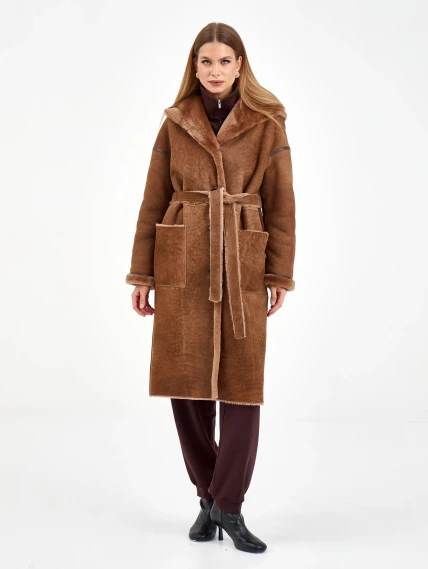 Длинная женская дубленка с капюшоном 2079, коричневая, размер 46, артикул 65120-4