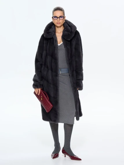 Длинная женская норковая шуба с капюшоном Москвичка-132, черная, размер 52, артикул 65390-0