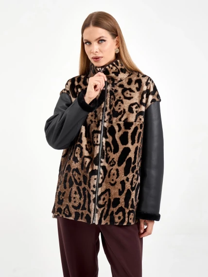 Короткая комбинированная женская дубленка 2076, коричневая, размер 46, артикул 65100-5