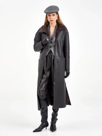 Коричневая длинная женская дубленка 2071, размер 46, артикул 64990-0