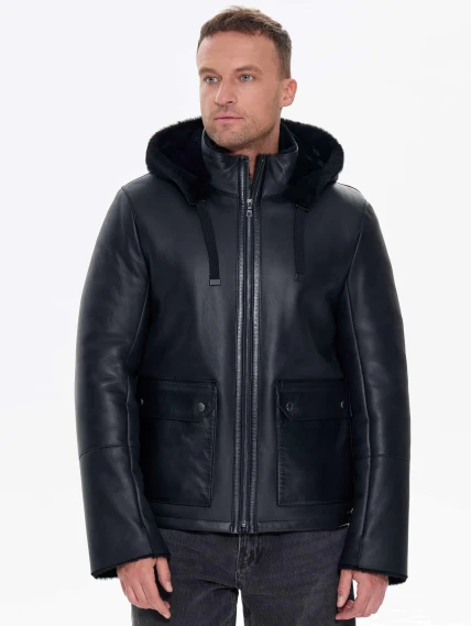 Короткая мужская дубленка с капюшоном премиум класса 441, черная, размер 50, артикул 41230-4