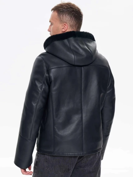 Короткая мужская дубленка с капюшоном премиум класса 441, черная, размер 50, артикул 41230-5