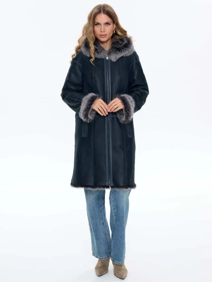 Женская дубленка с капюшоном из тосканы 2067, синяя, размер 48, артикул 64740-4