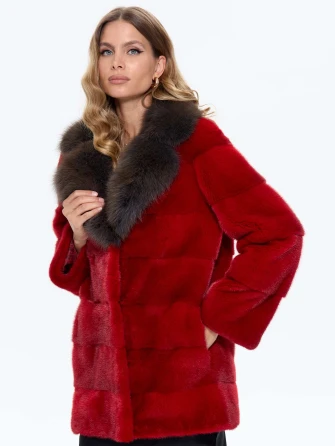 Красная норковая шуба с куницей 2Б-0