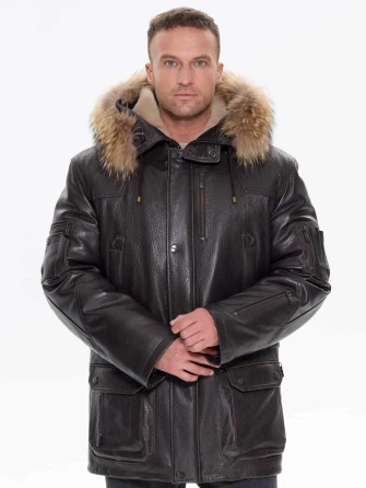 Утепленная мужская кожаная куртка аляска с мехом енота Алекс-1
